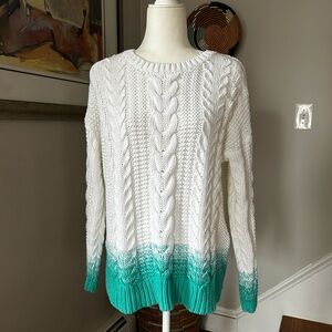 Women's White and Green Cable Knit Sweater